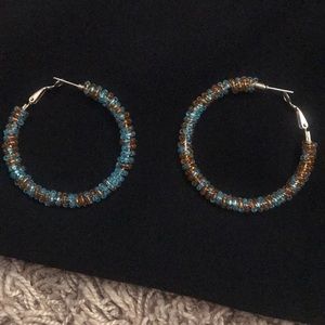 Pierced hoop earrings turquoise and amber beads